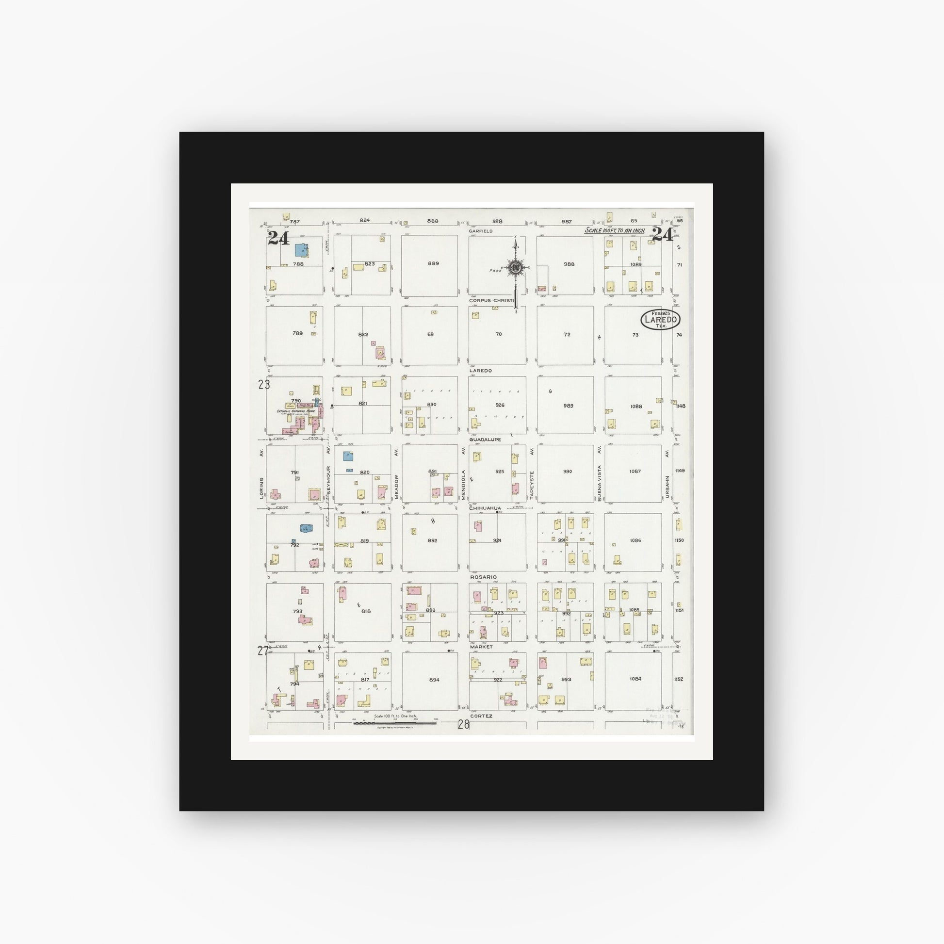 Old map wall art mockup — black gallery frame with white mat — Sanborn Fire Insurance Map from Laredo, Webb County, Texas (1925), Sheet #0024