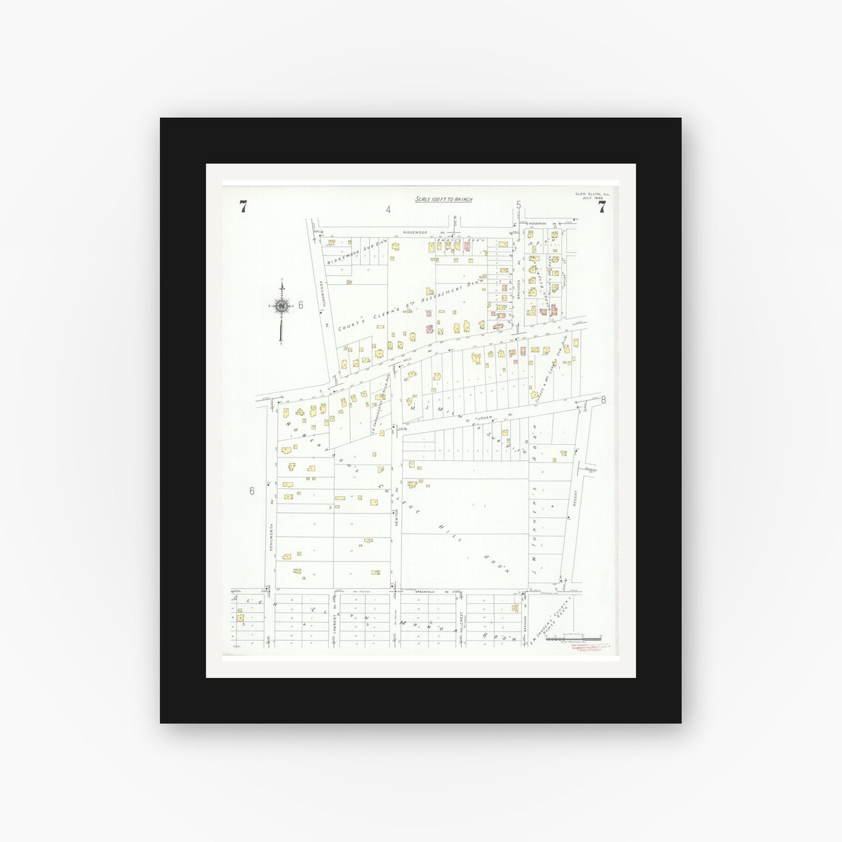 Old map wall art mockup — black gallery frame with white mat — Sanborn Fire Insurance Map from Glen Ellyn, Du Page County, Illinois (1940), Sheet #0007