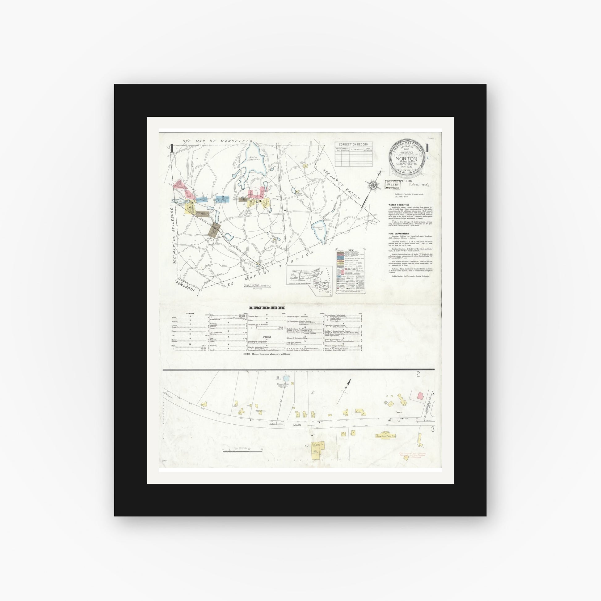Old map wall art mockup — black gallery frame with white mat — Sanborn Fire Insurance Map from Norton, Bristol County, Massachusetts (1937), Sheet #0001