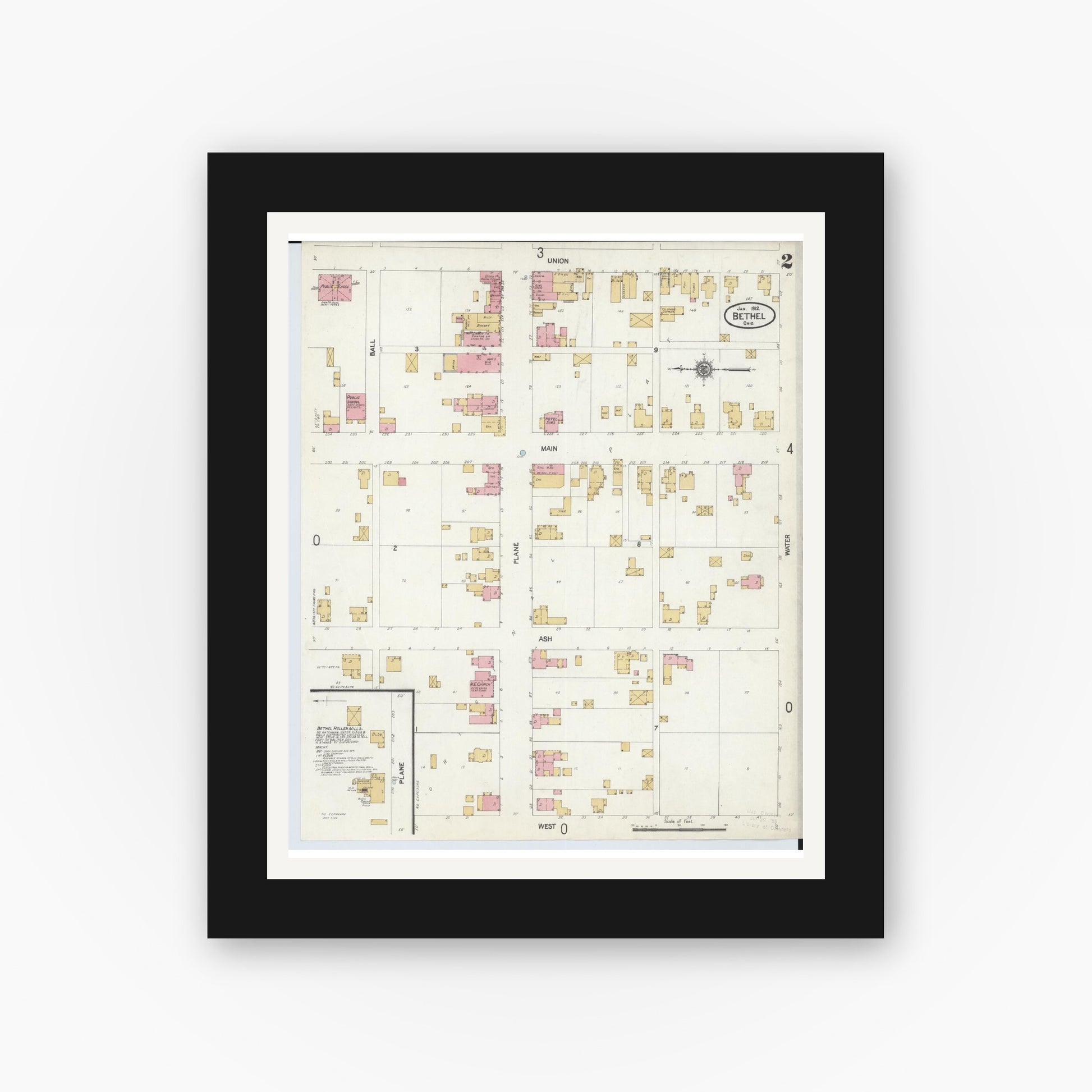 Old map wall art mockup — black gallery frame with white mat — Sanborn Fire Insurance Map from Bethel, Clermont County, Ohio (1912), Sheet #0002