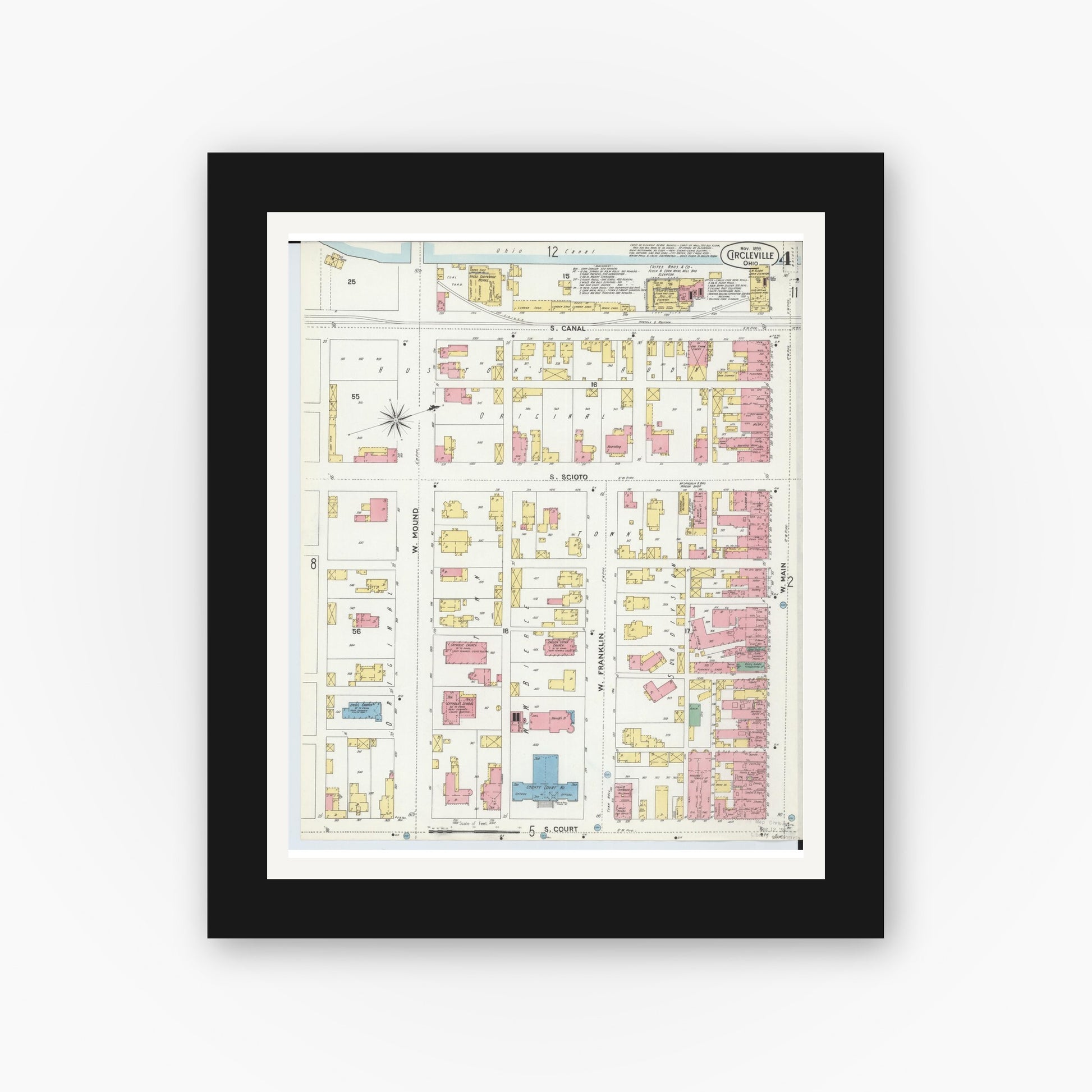 Old map wall art mockup — black gallery frame with white mat — Sanborn Fire Insurance Map from Circleville, Pickaway County, Ohio (1899), Sheet #0004
