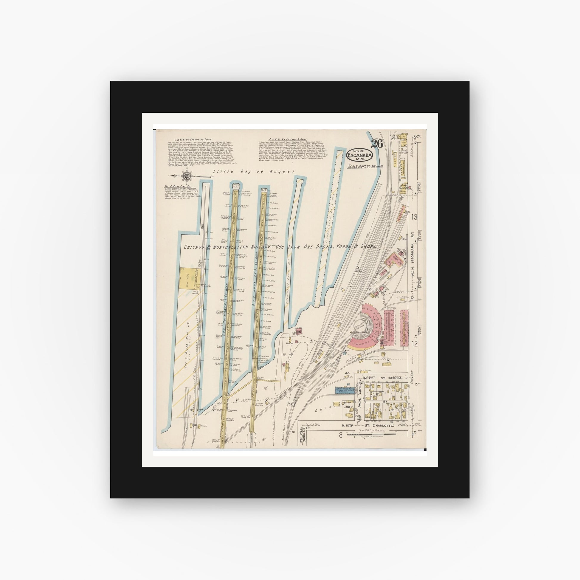 Old map wall art mockup — black gallery frame with white mat — Sanborn Fire Insurance Map from Escanaba, Delta County, Michigan (1921), Sheet #0026