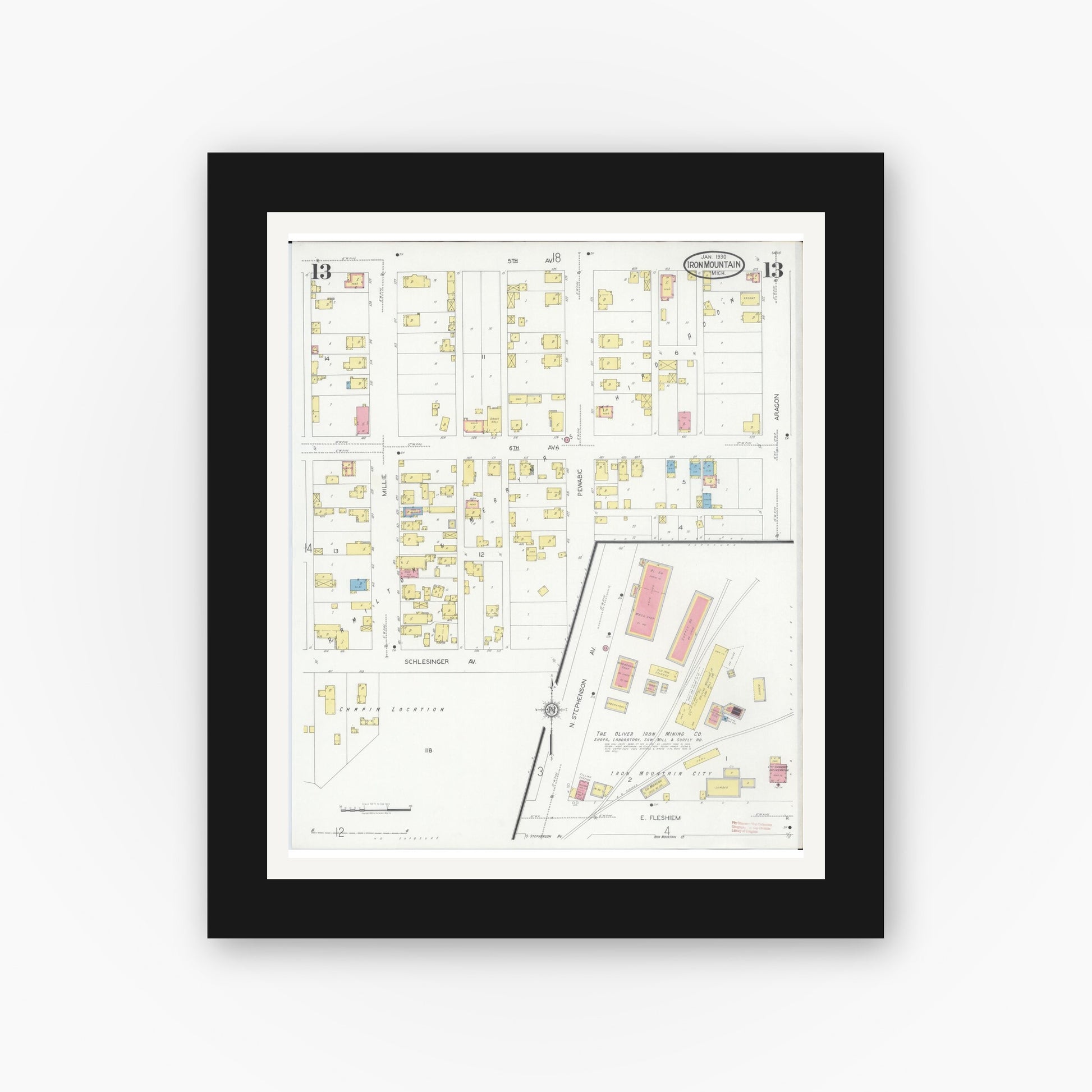 Old map wall art mockup — black gallery frame with white mat — Sanborn Fire Insurance Map from Iron Mountain, Dickinson County, Michigan (1930), Sheet #0013
