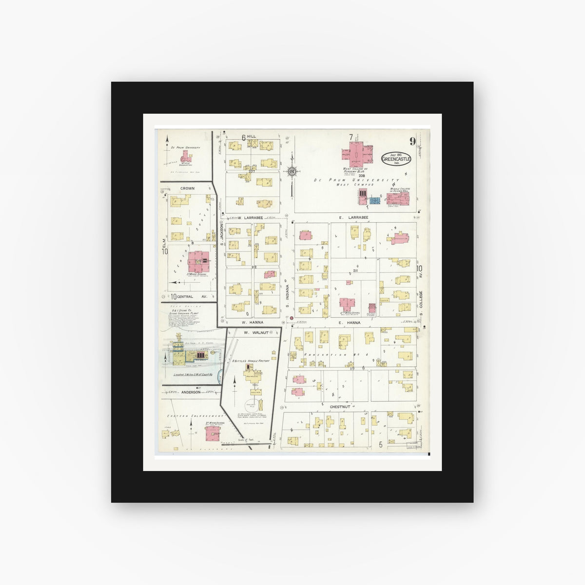 Old map wall art mockup — black gallery frame with white mat — Sanborn Fire Insurance Map from Greencastle, Putnam County, Indiana (1913), Sheet #0009