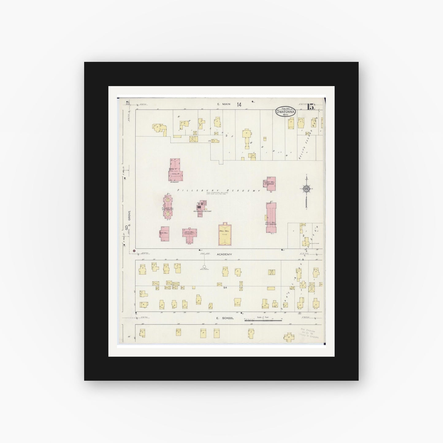 Old map wall art mockup — black gallery frame with white mat — Sanborn Fire Insurance Map from Owatonna, Steele County, Minnesota (1915), Sheet #0015