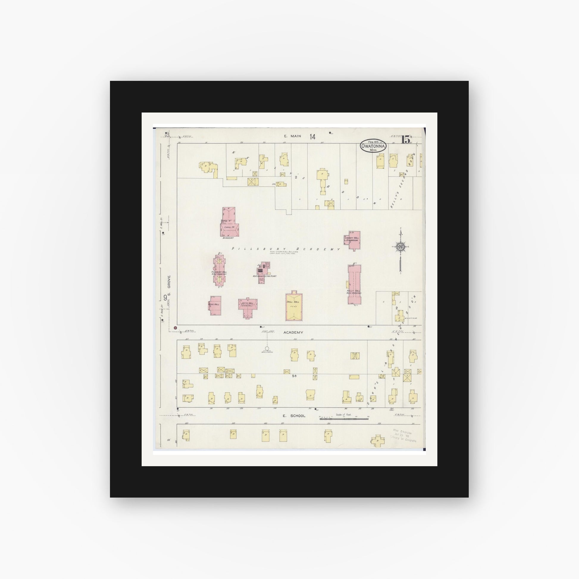 Old map wall art mockup — black gallery frame with white mat — Sanborn Fire Insurance Map from Owatonna, Steele County, Minnesota (1915), Sheet #0015