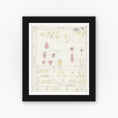 Old map wall art mockup — black gallery frame with white mat — Sanborn Fire Insurance Map from Owatonna, Steele County, Minnesota (1915), Sheet #0015