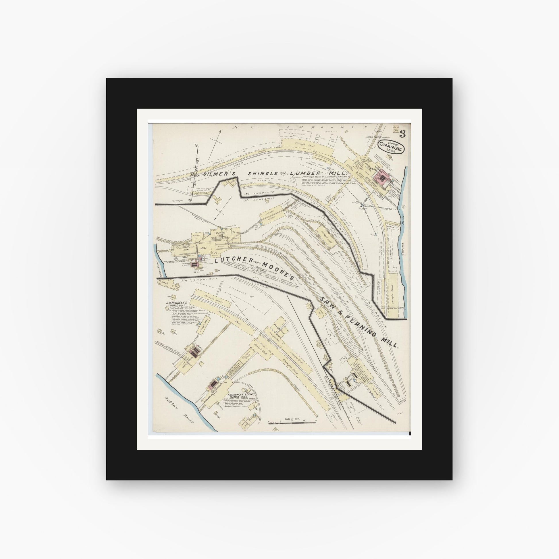 Old map wall art mockup — black gallery frame with white mat — Sanborn Fire Insurance Map from Orange, Orange County, Texas (1885), Sheet #0003