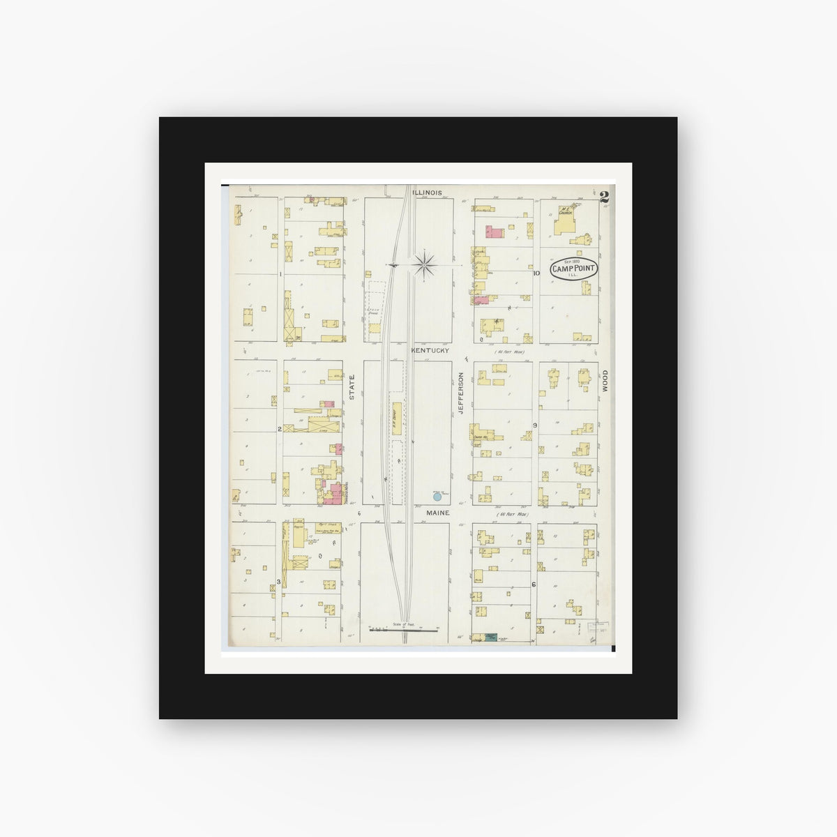 Old map wall art mockup — black gallery frame with white mat — Sanborn Fire Insurance Map from Camp Point, Adams County, Illinois (1893), Sheet #0002