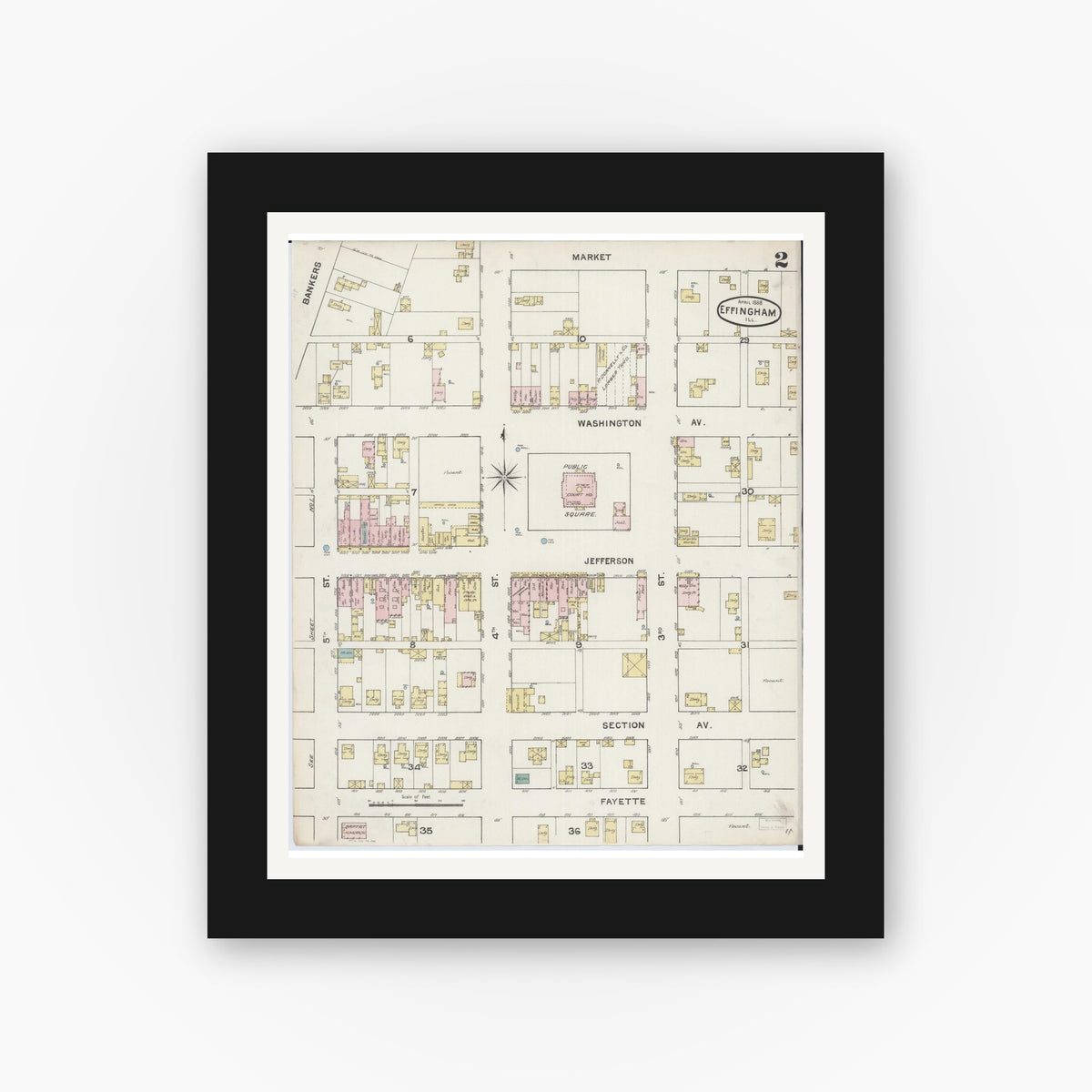 Old map wall art mockup — black gallery frame with white mat — Sanborn Fire Insurance Map from Effingham, Effingham County, Illinois (1888), Sheet #0002