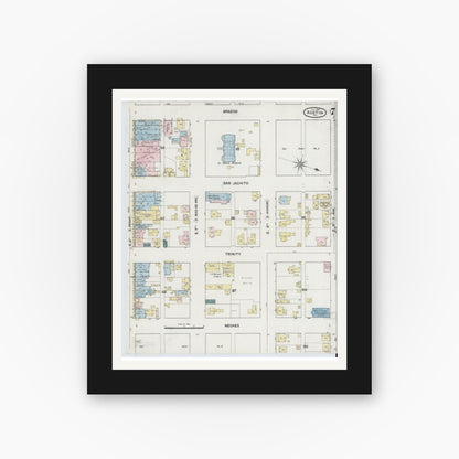 Old map wall art mockup — black gallery frame with white mat — Sanborn Fire Insurance Map from Austin, Travis County, Texas (1889), Sheet #0007