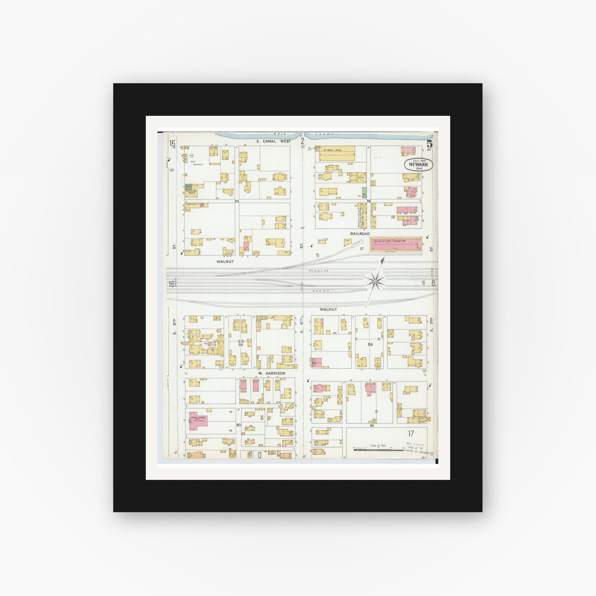 Old map wall art mockup — black gallery frame with white mat — Sanborn Fire Insurance Map from Newark, Licking County, Ohio (1899), Sheet #0005