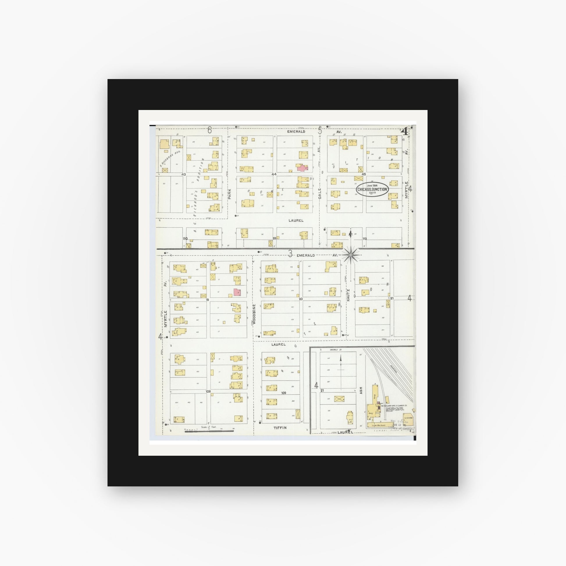 Old map wall art mockup — black gallery frame with white mat — Sanborn Fire Insurance Map from Chicago Junction, Huron County, Ohio (1904), Sheet #0004