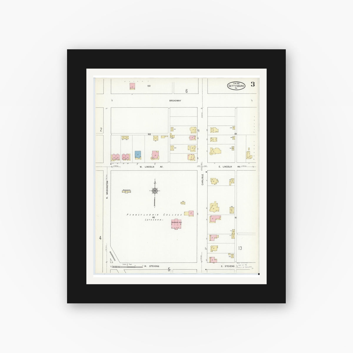 Old map wall art mockup — black gallery frame with white mat — Sanborn Fire Insurance Map from Gettysburg, Adams County, Pennsylvania (1912), Sheet #0003