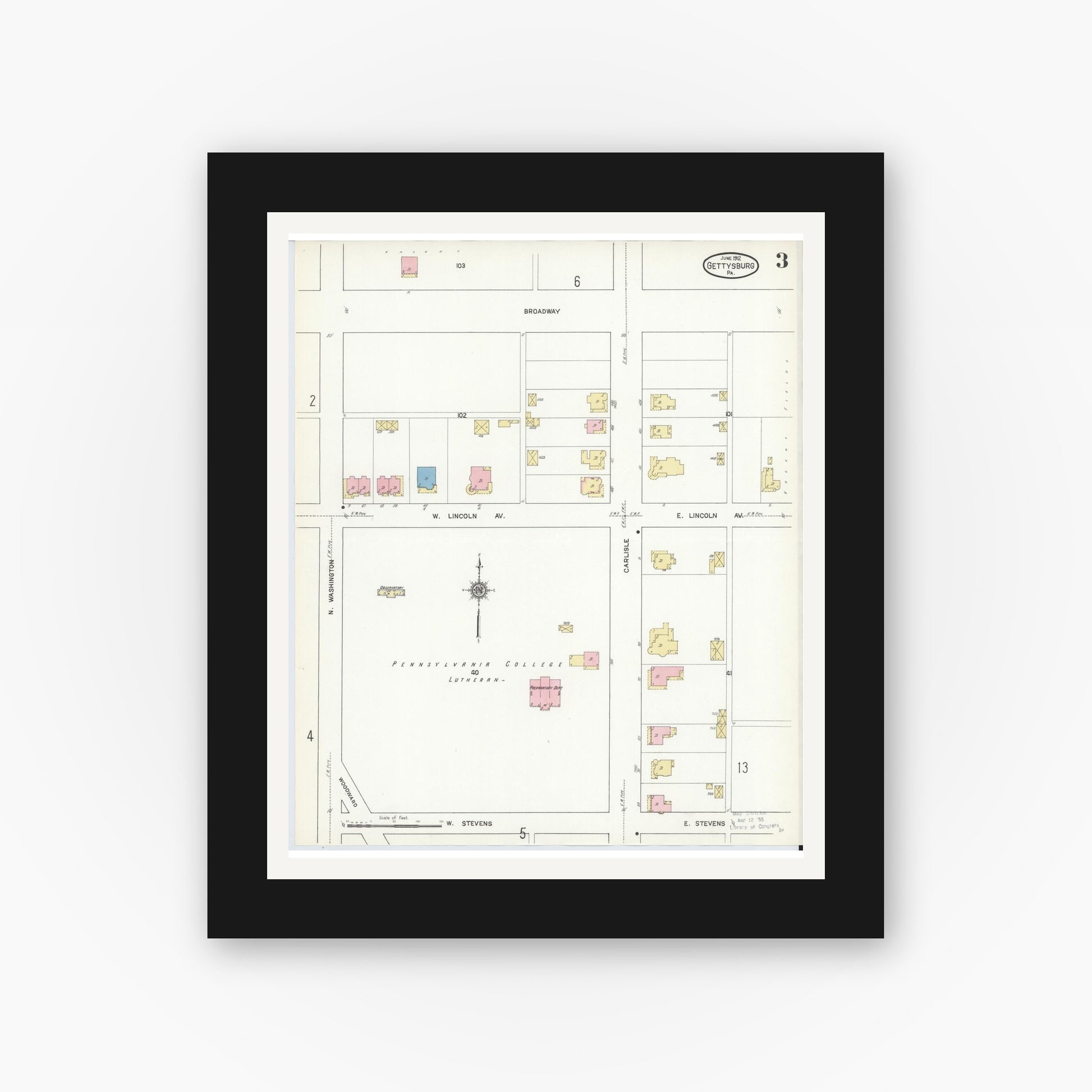 Old map wall art mockup — black gallery frame with white mat — Sanborn Fire Insurance Map from Gettysburg, Adams County, Pennsylvania (1912), Sheet #0003