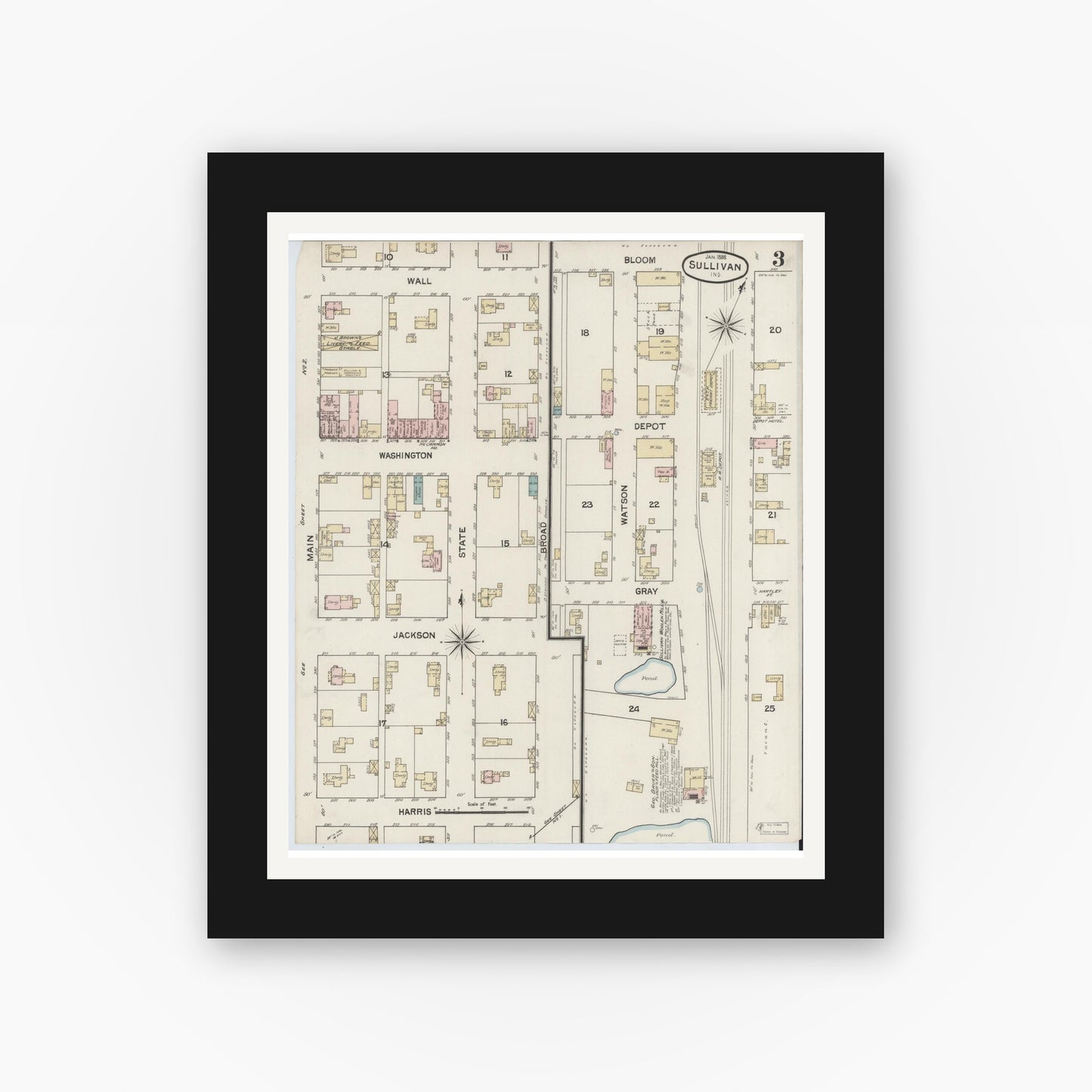 Old map wall art mockup — black gallery frame with white mat — Sanborn Fire Insurance Map from Sullivan, Sullivan County, Indiana (1888), Sheet #0003