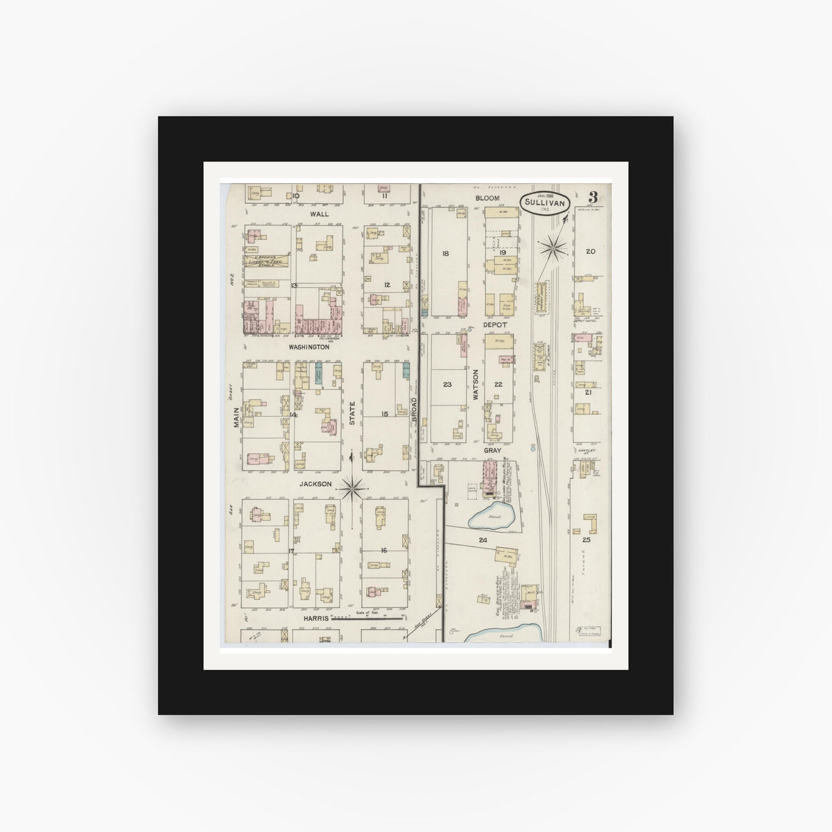 Old map wall art mockup — black gallery frame with white mat — Sanborn Fire Insurance Map from Sullivan, Sullivan County, Indiana (1888), Sheet #0003