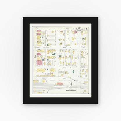 Old map wall art mockup — black gallery frame with white mat — Sanborn Fire Insurance Map from Worthington, Nobles County, Minnesota (1907), Sheet #0006
