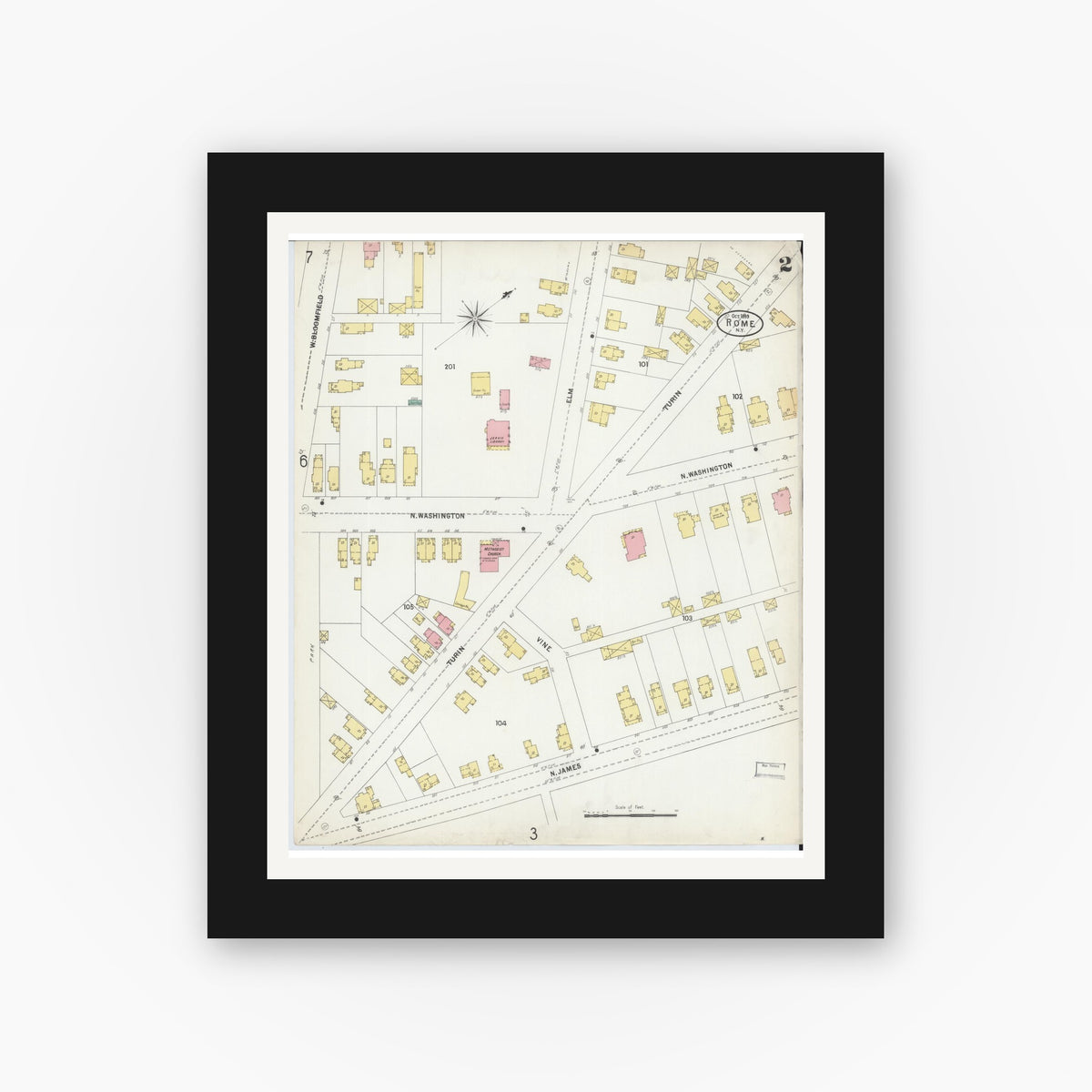 Old map wall art mockup — black gallery frame with white mat — Sanborn Fire Insurance Map from Rome, Oneida County, New York (1899), Sheet #0002