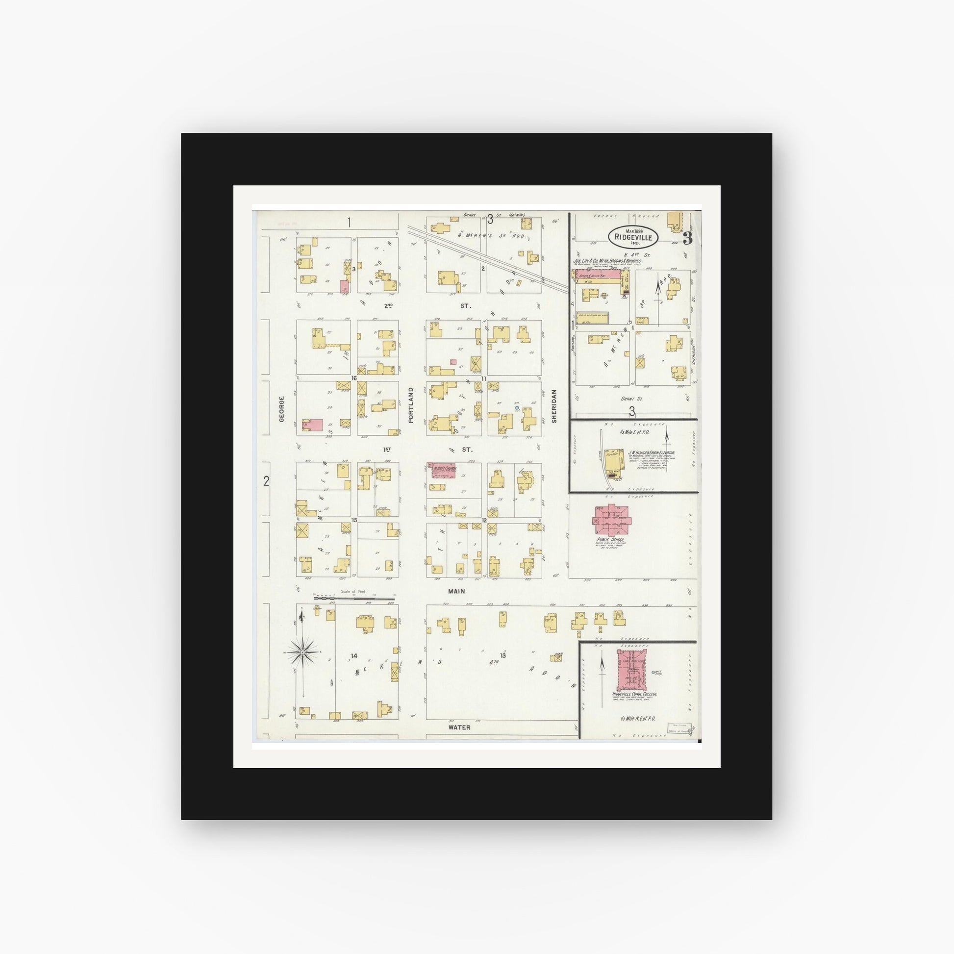 Old map wall art mockup — black gallery frame with white mat — Sanborn Fire Insurance Map from Ridgeville, Randolph County, Indiana (1899), Sheet #0003