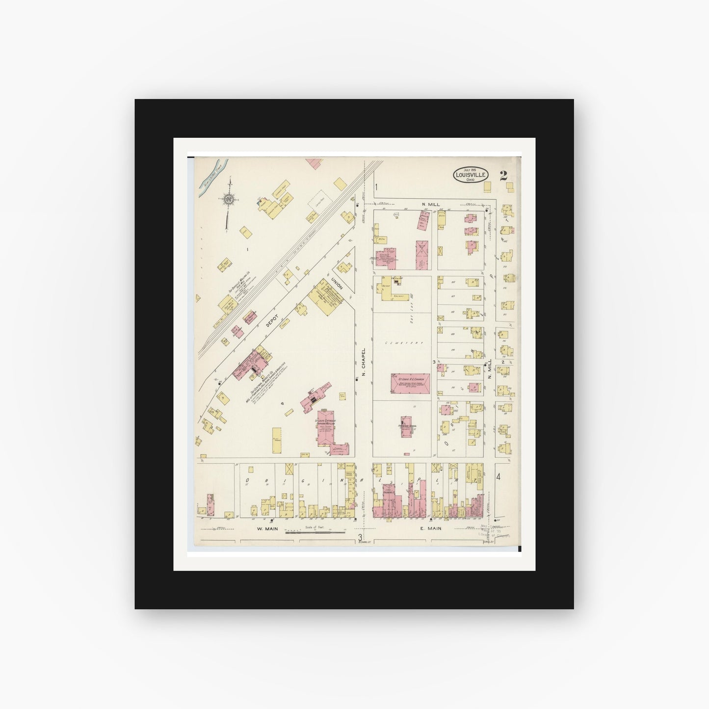 Old map wall art mockup — black gallery frame with white mat — Sanborn Fire Insurance Map from Louisville, Stark County, Ohio (1915), Sheet #0002