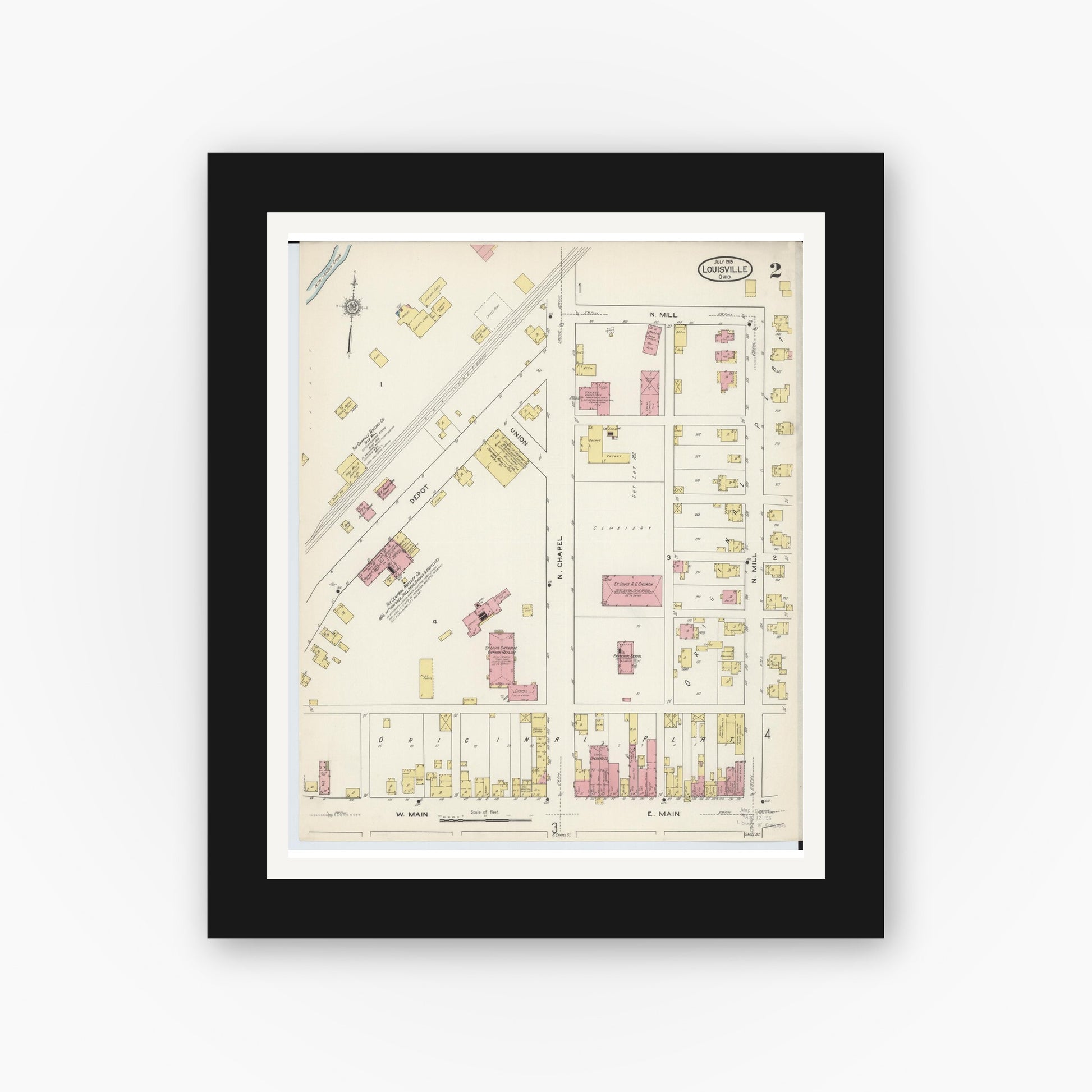 Old map wall art mockup — black gallery frame with white mat — Sanborn Fire Insurance Map from Louisville, Stark County, Ohio (1915), Sheet #0002