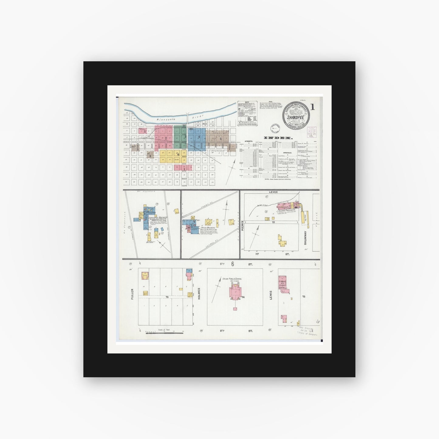 Old map wall art mockup — black gallery frame with white mat — Sanborn Fire Insurance Map from Shakopee, Scott County, Minnesota (1902) - Complete Map Set
