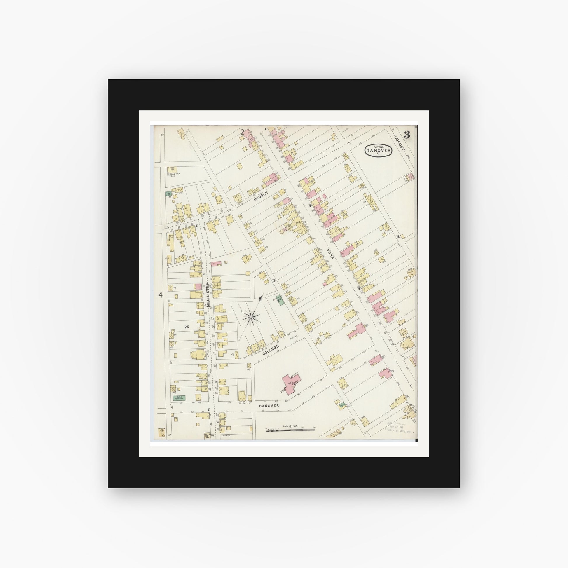 Old map wall art mockup — black gallery frame with white mat — Sanborn Fire Insurance Map from Hanover, York County, Pennsylvania (1896), Sheet #0003