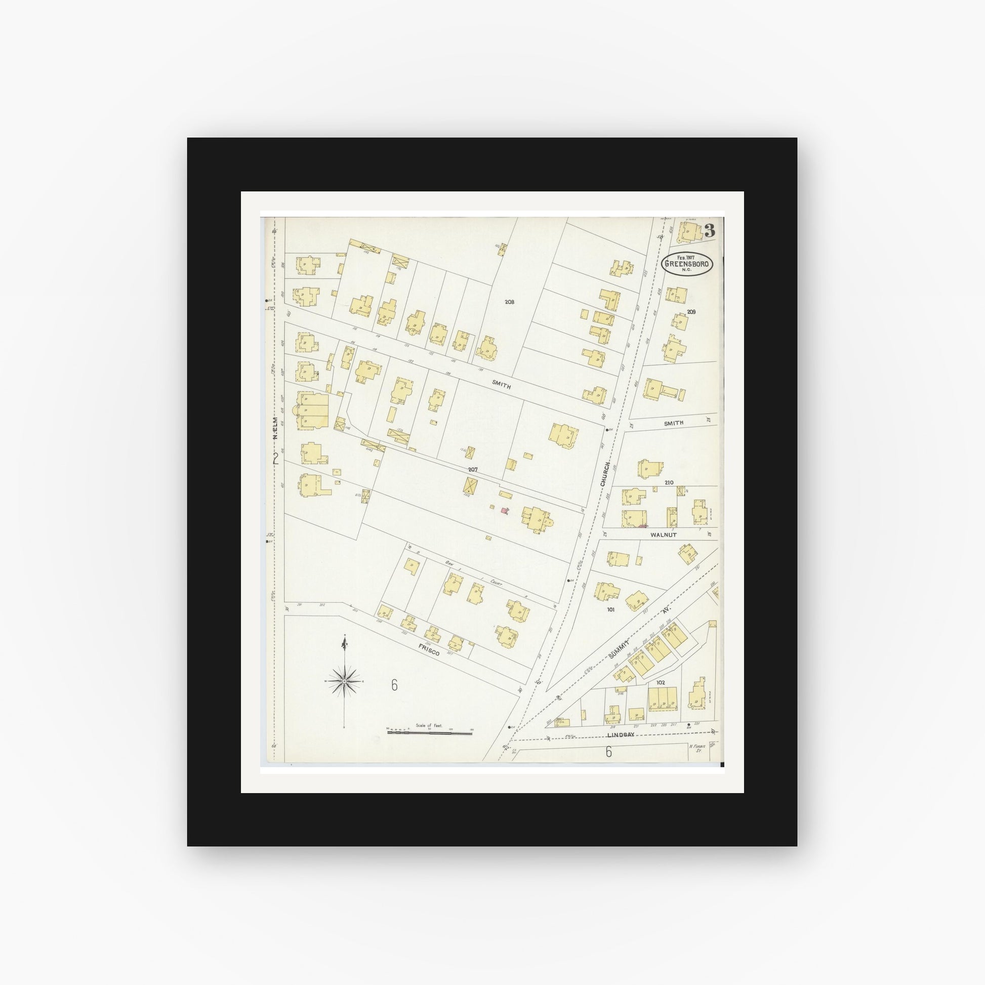 Old map wall art mockup — black gallery frame with white mat — Sanborn Fire Insurance Map from Greensboro, Guilford County, North Carolina (1907), Sheet #0003