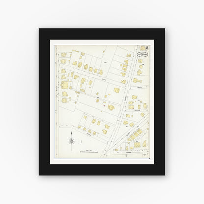 Old map wall art mockup — black gallery frame with white mat — Sanborn Fire Insurance Map from Greensboro, Guilford County, North Carolina (1907), Sheet #0003