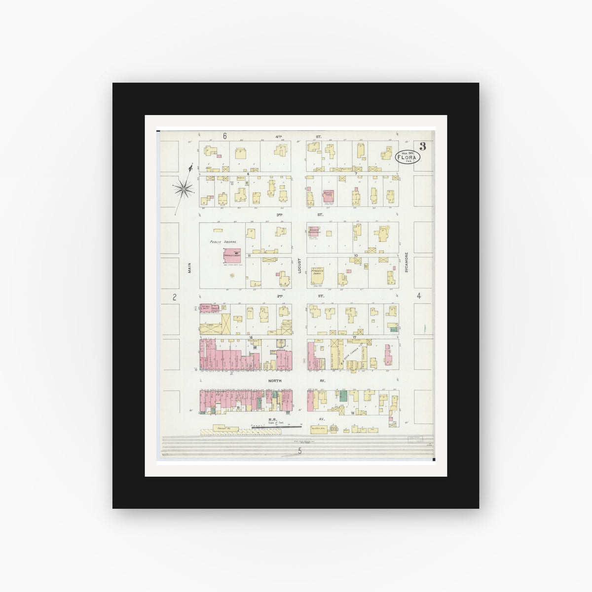 Old map wall art mockup — black gallery frame with white mat — Sanborn Fire Insurance Map from Flora, Clay County, Illinois (1906), Sheet #0003