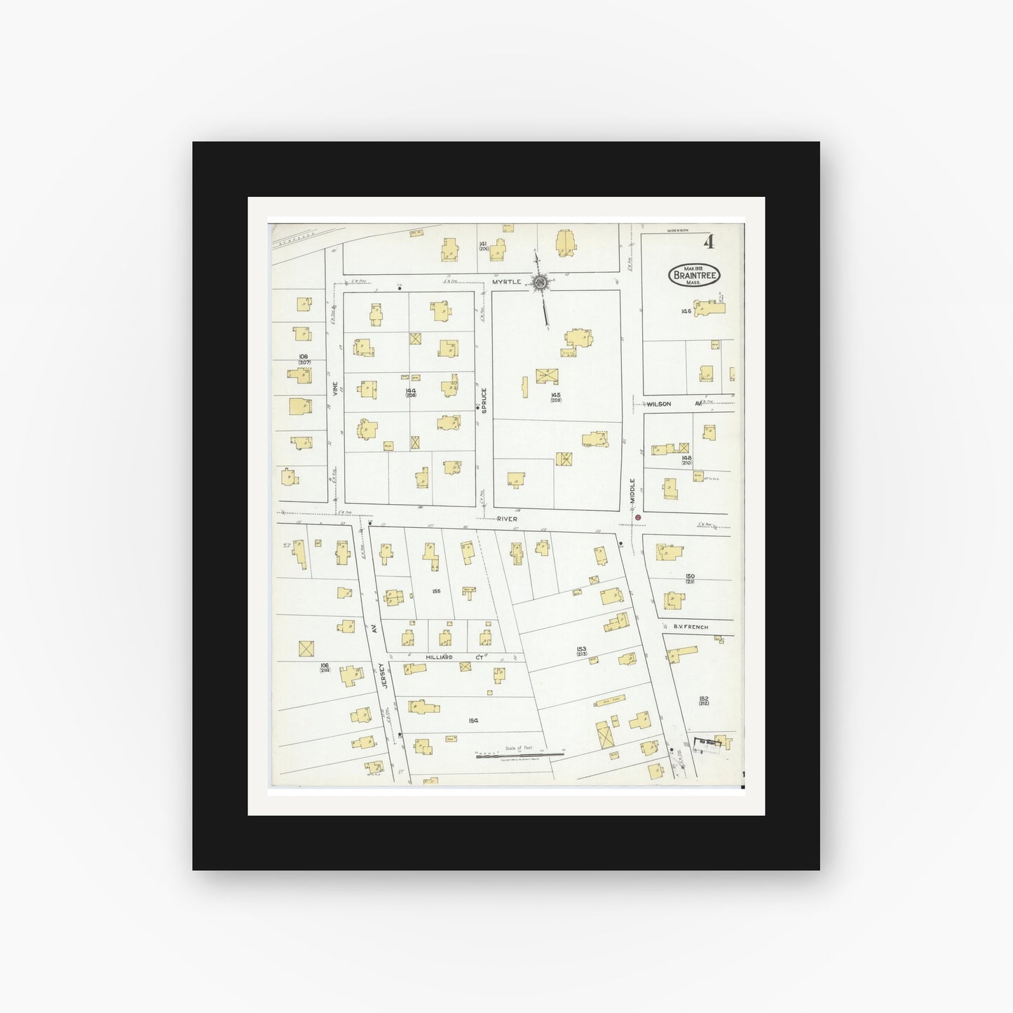 Old map wall art mockup — black gallery frame with white mat — Sanborn Fire Insurance Map from Braintree, Norfolk County, Massachusetts (1919), Sheet #0004