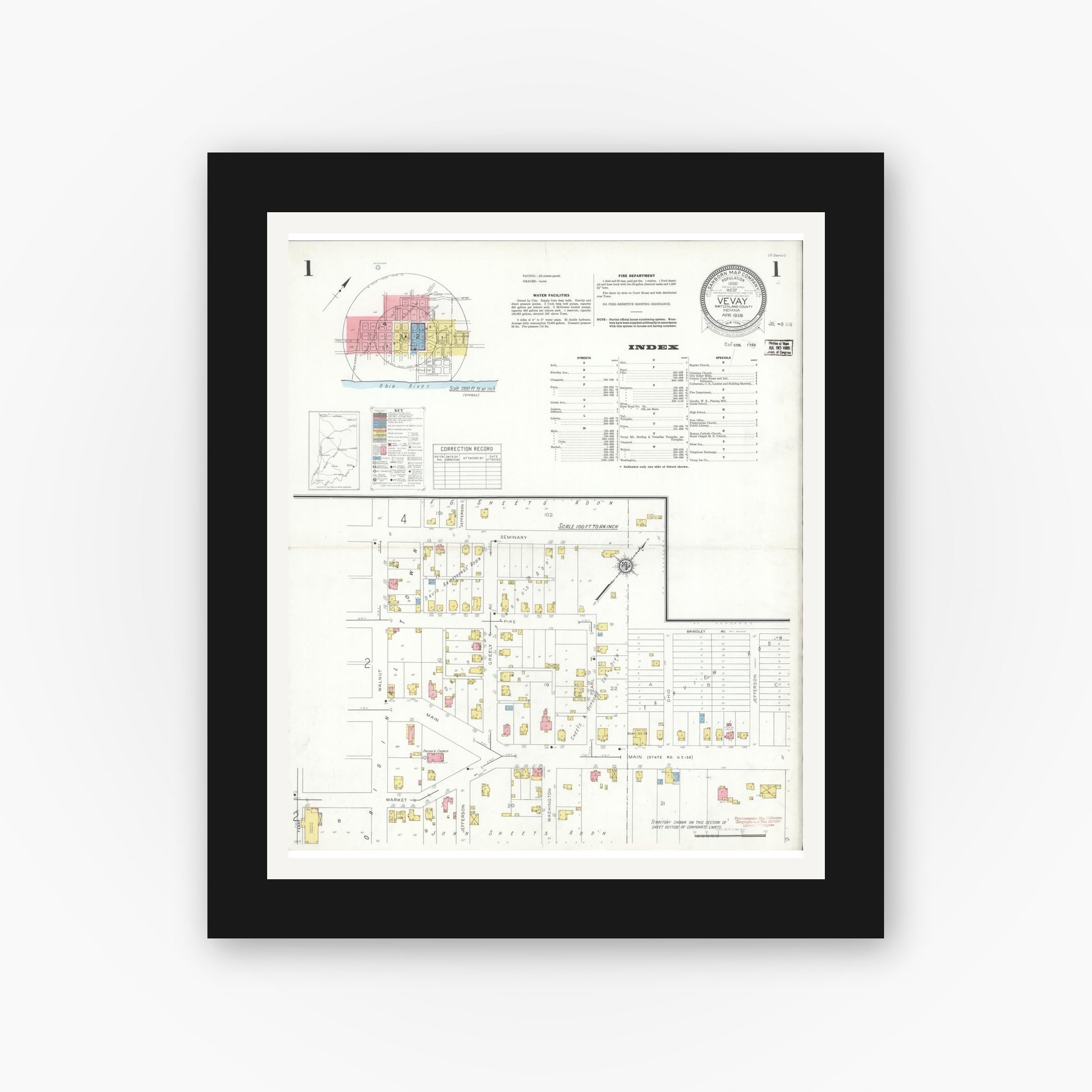 Old map wall art mockup — black gallery frame with white mat — Sanborn Fire Insurance Map from Vevay, Switzerland County, Indiana (1938) - Complete Map Set