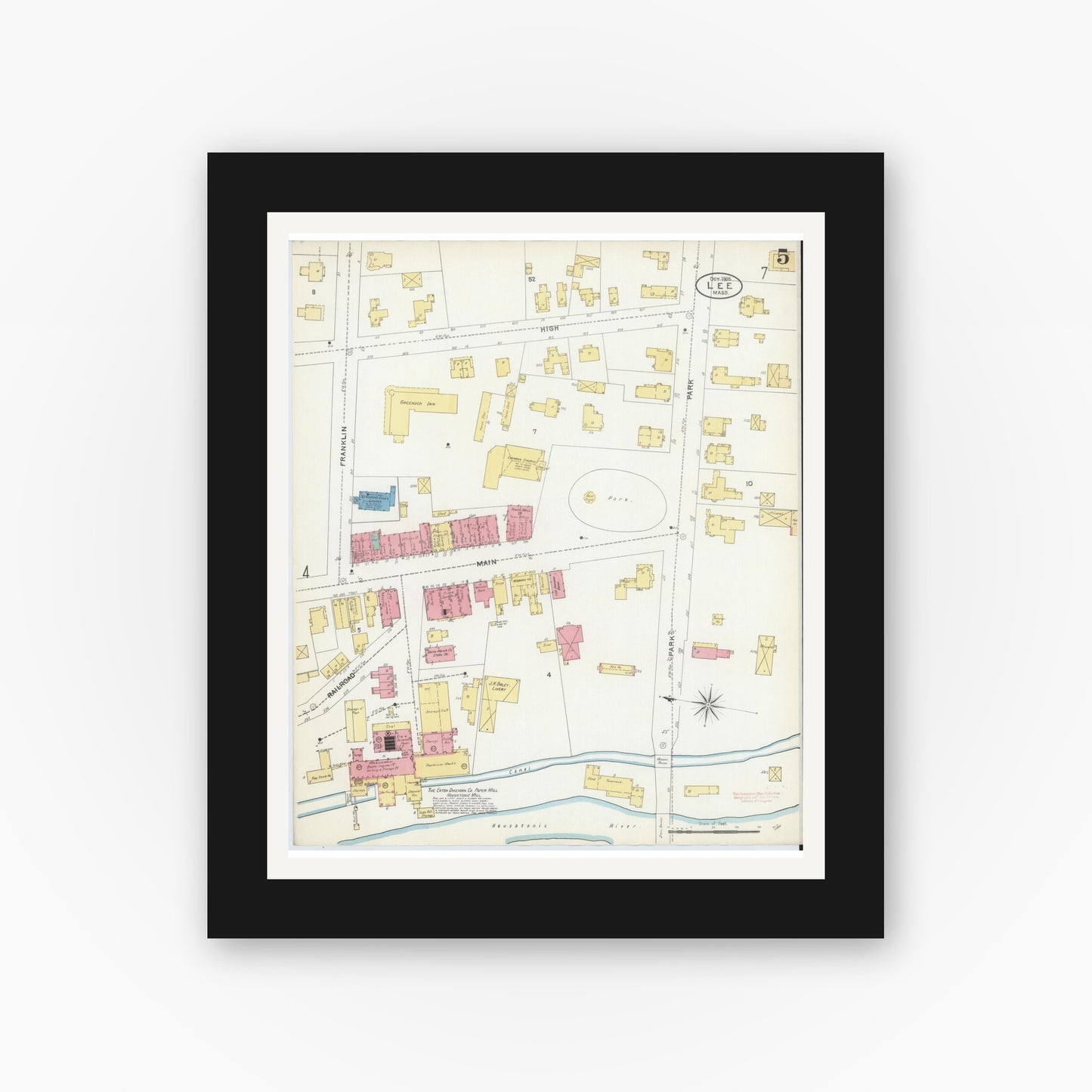 Old map wall art mockup — black gallery frame with white mat — Sanborn Fire Insurance Map from Lee, Berkshire County, Massachusetts (1905), Sheet #0005