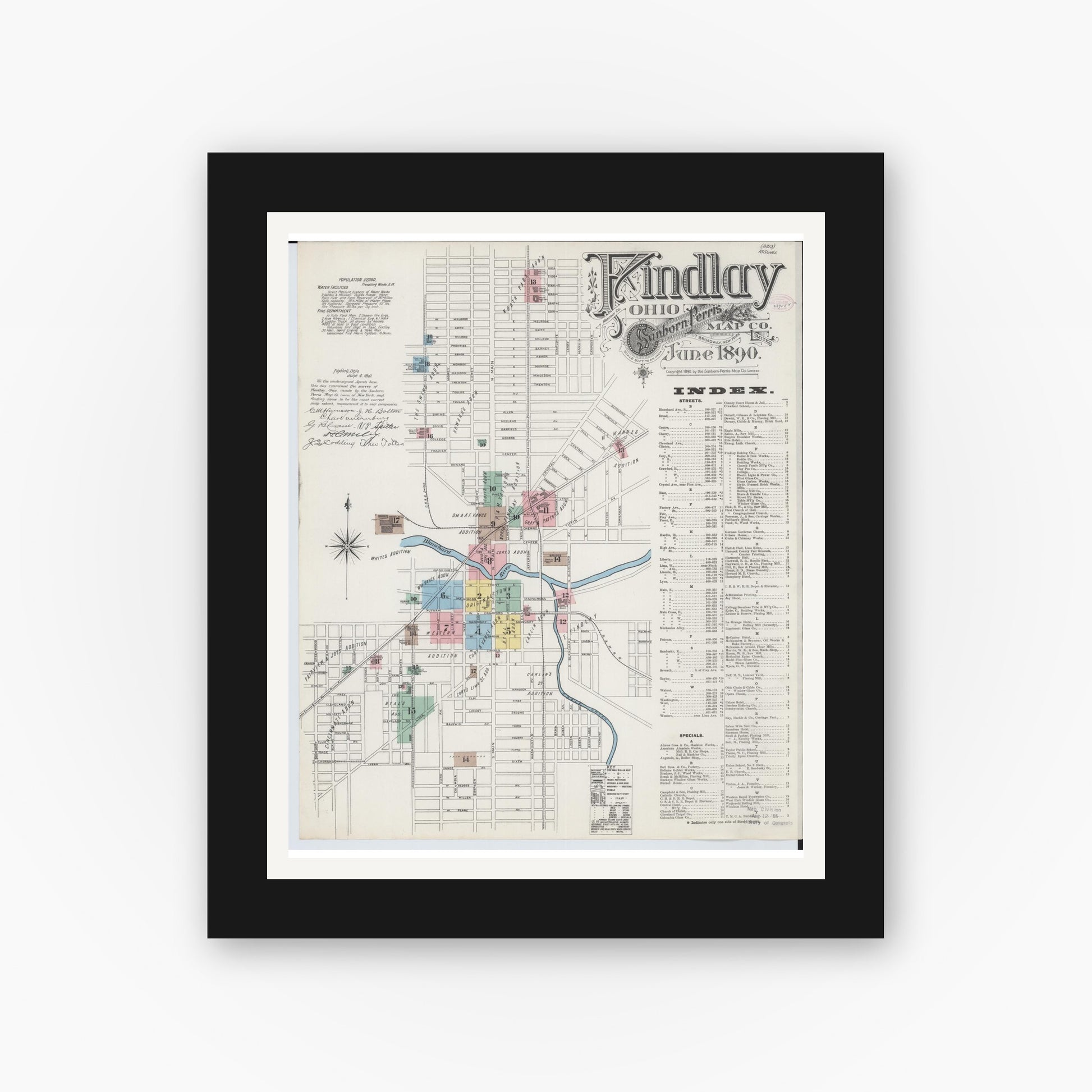 Old map wall art mockup — black gallery frame with white mat — Sanborn Fire Insurance Map from Findlay, Hancock County, Ohio (1890) - Complete Map Set