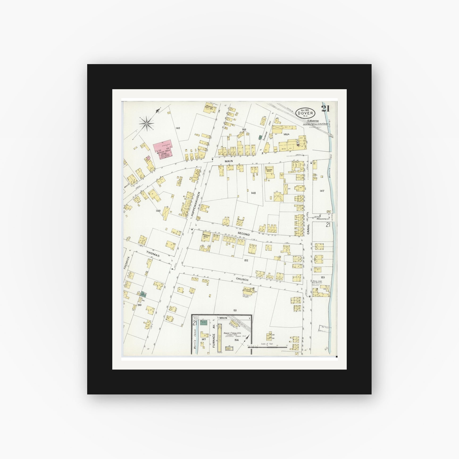 Old map wall art mockup — black gallery frame with white mat — Sanborn Fire Insurance Map from Dover, Morris County, New Jersey (1909), Sheet #0021