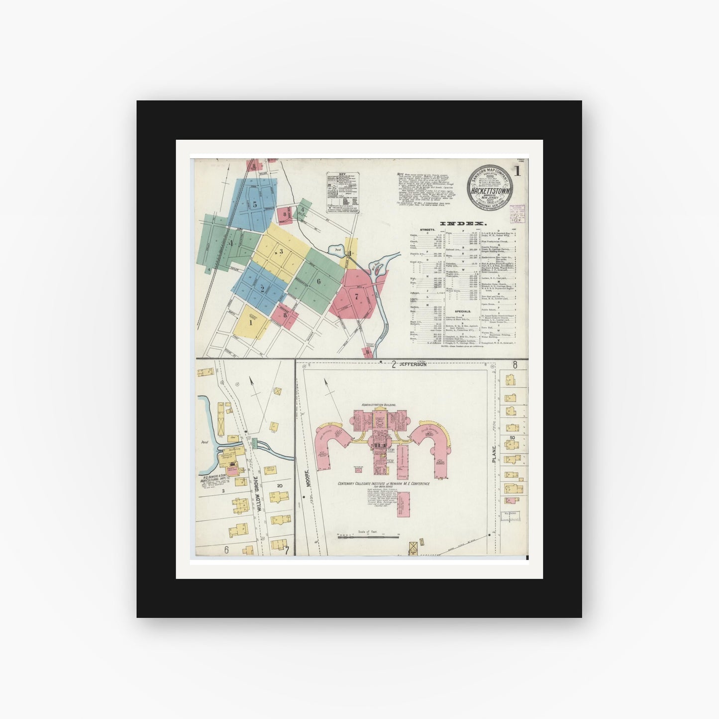 Old map wall art mockup — black gallery frame with white mat — Sanborn Fire Insurance Map from Hackettstown, Warren County, New Jersey (1902) - Complete Map Set