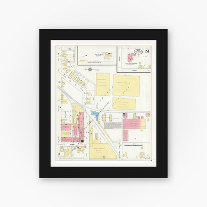 Old map wall art mockup — black gallery frame with white mat — Sanborn Fire Insurance Map from Columbus, Bartholomew County, Indiana (1912), Sheet #0024