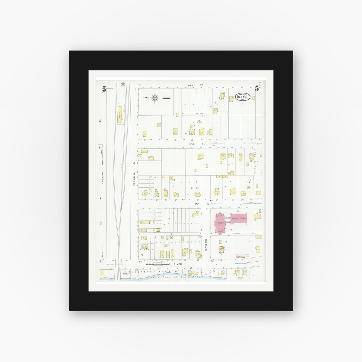 Old map wall art mockup — black gallery frame with white mat — Sanborn Fire Insurance Map from Delano, Wright County, Minnesota (1930), Sheet #0005