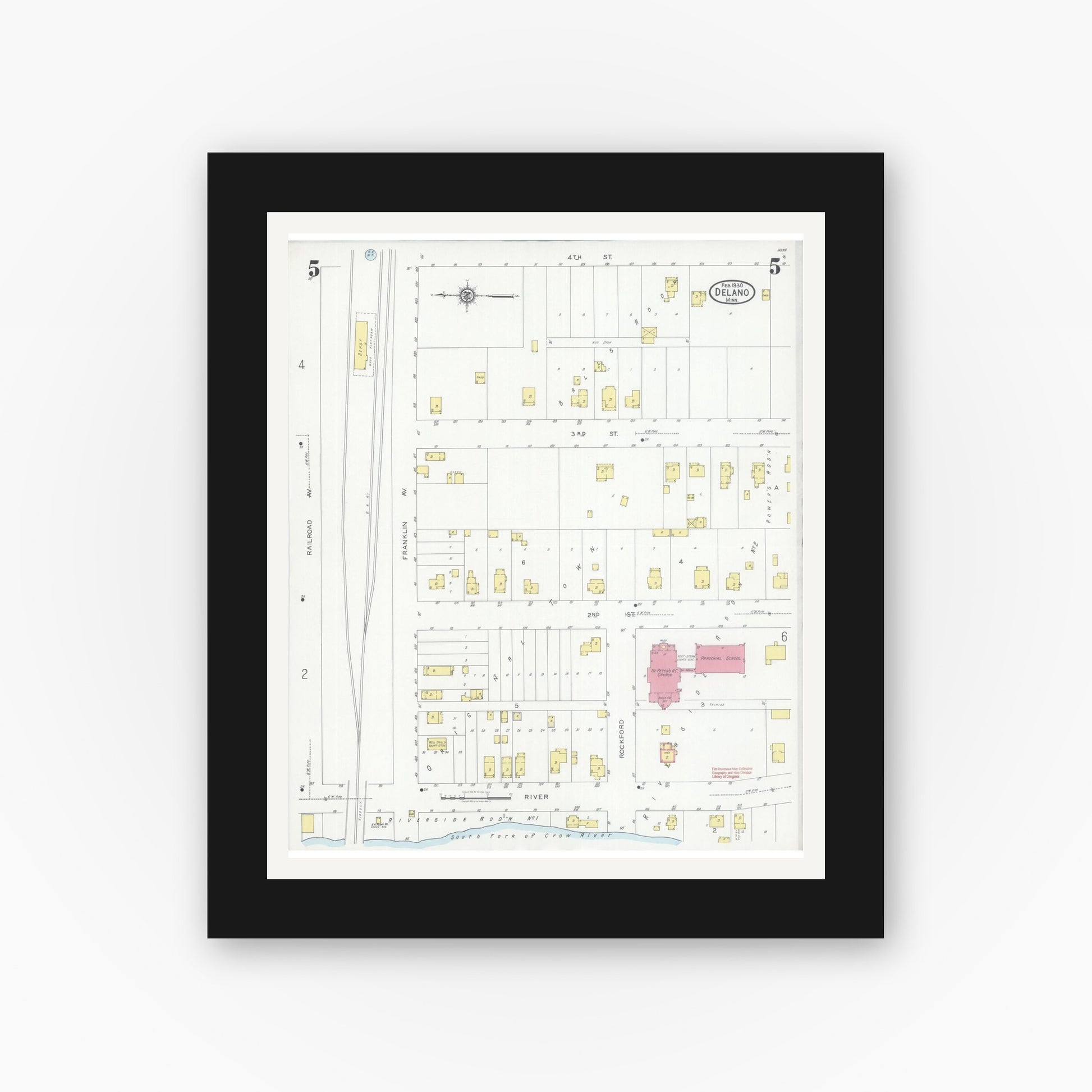 Old map wall art mockup — black gallery frame with white mat — Sanborn Fire Insurance Map from Delano, Wright County, Minnesota (1930), Sheet #0005