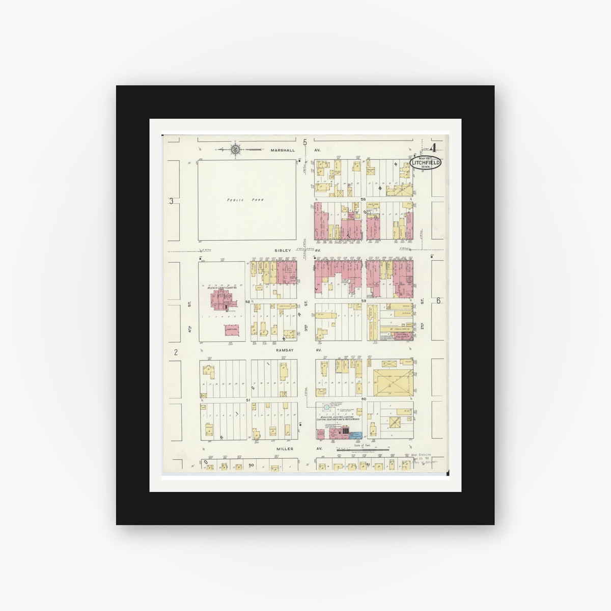 Old map wall art mockup — black gallery frame with white mat — Sanborn Fire Insurance Map from Litchfield, Meeker County, Minnesota (1917), Sheet #0004