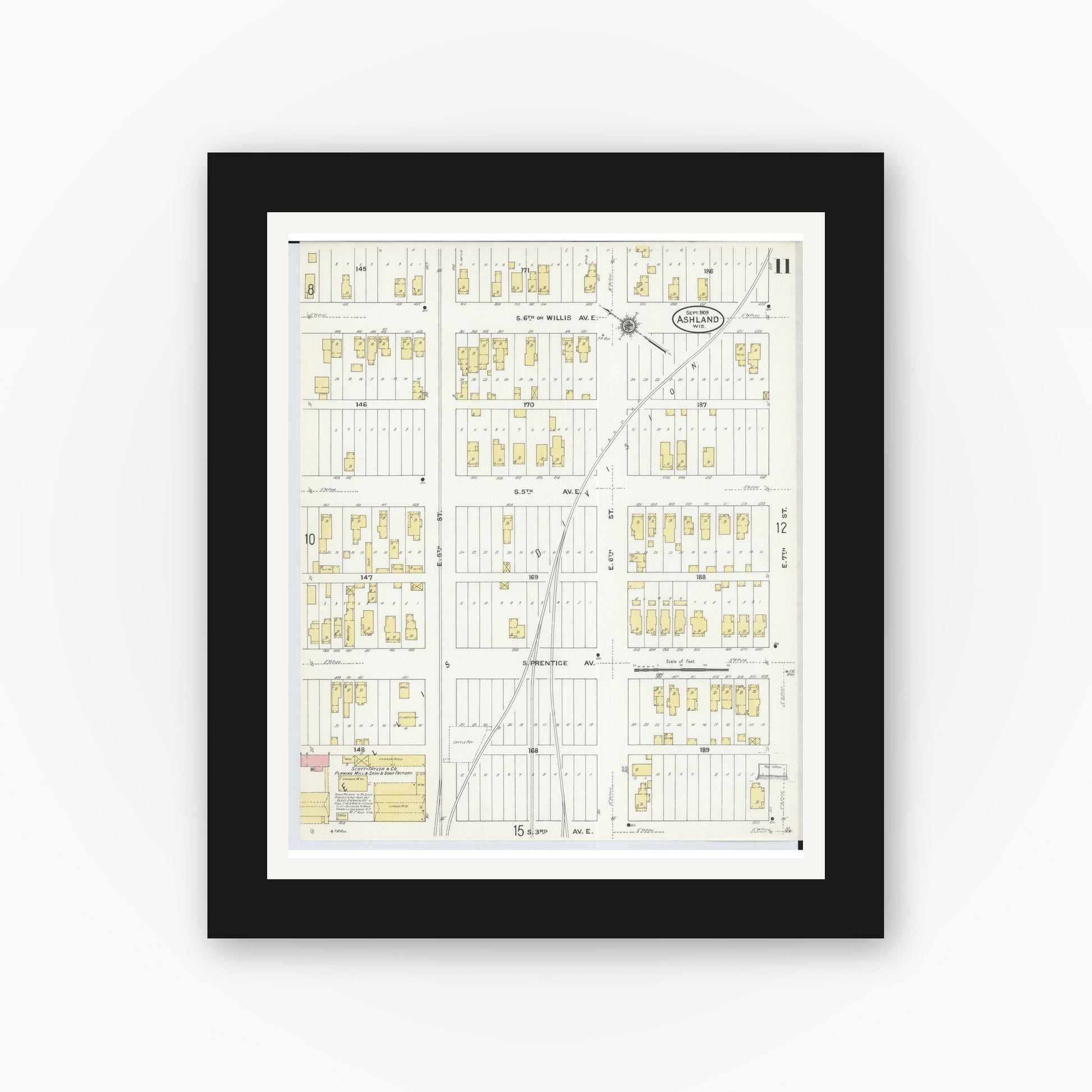 Old map wall art mockup — black gallery frame with white mat — Sanborn Fire Insurance Map from Ashland, Ashland County, Wisconsin (1909), Sheet #0011