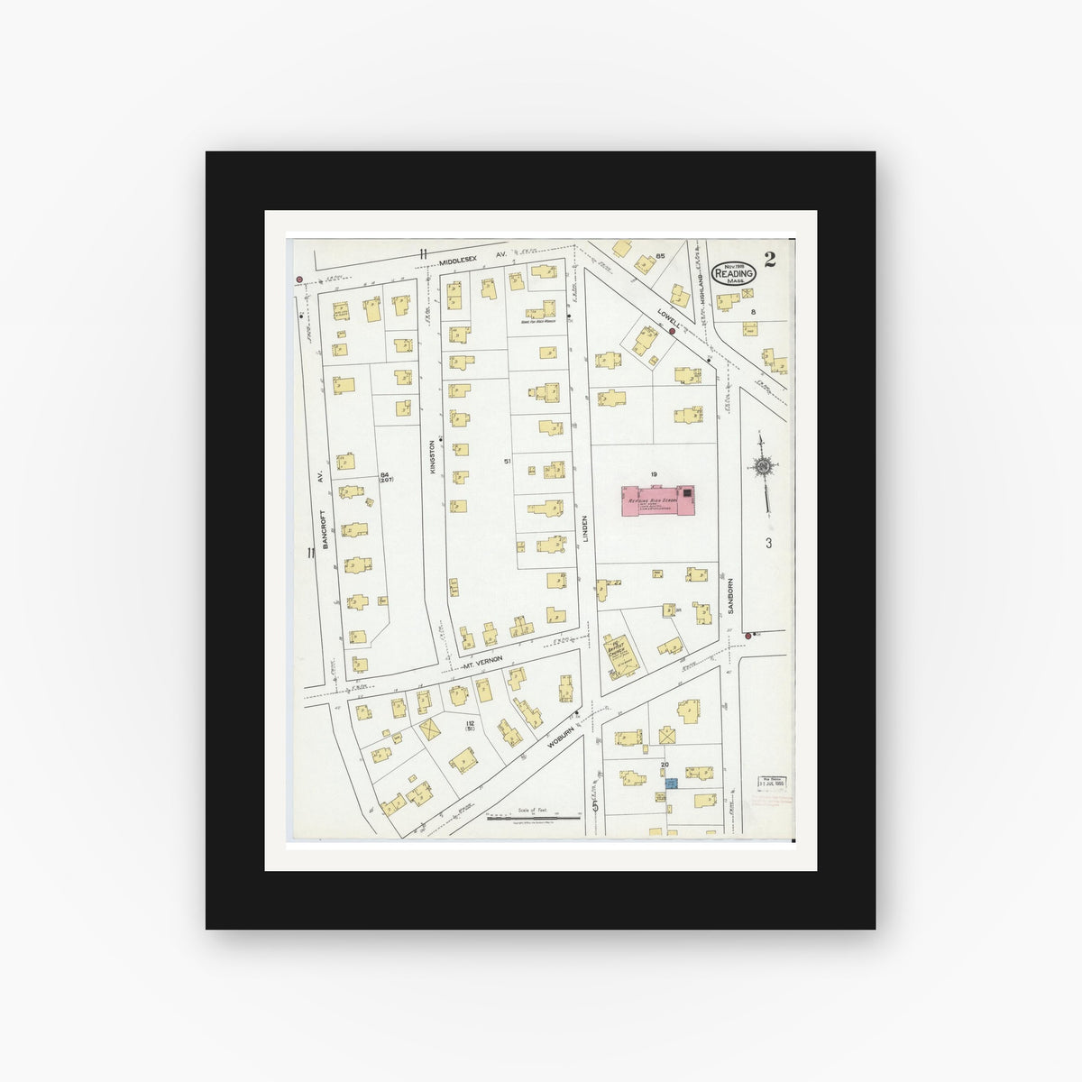 Old map wall art mockup — black gallery frame with white mat — Sanborn Fire Insurance Map from Reading, Middlesex County, Massachusetts (1918), Sheet #0002