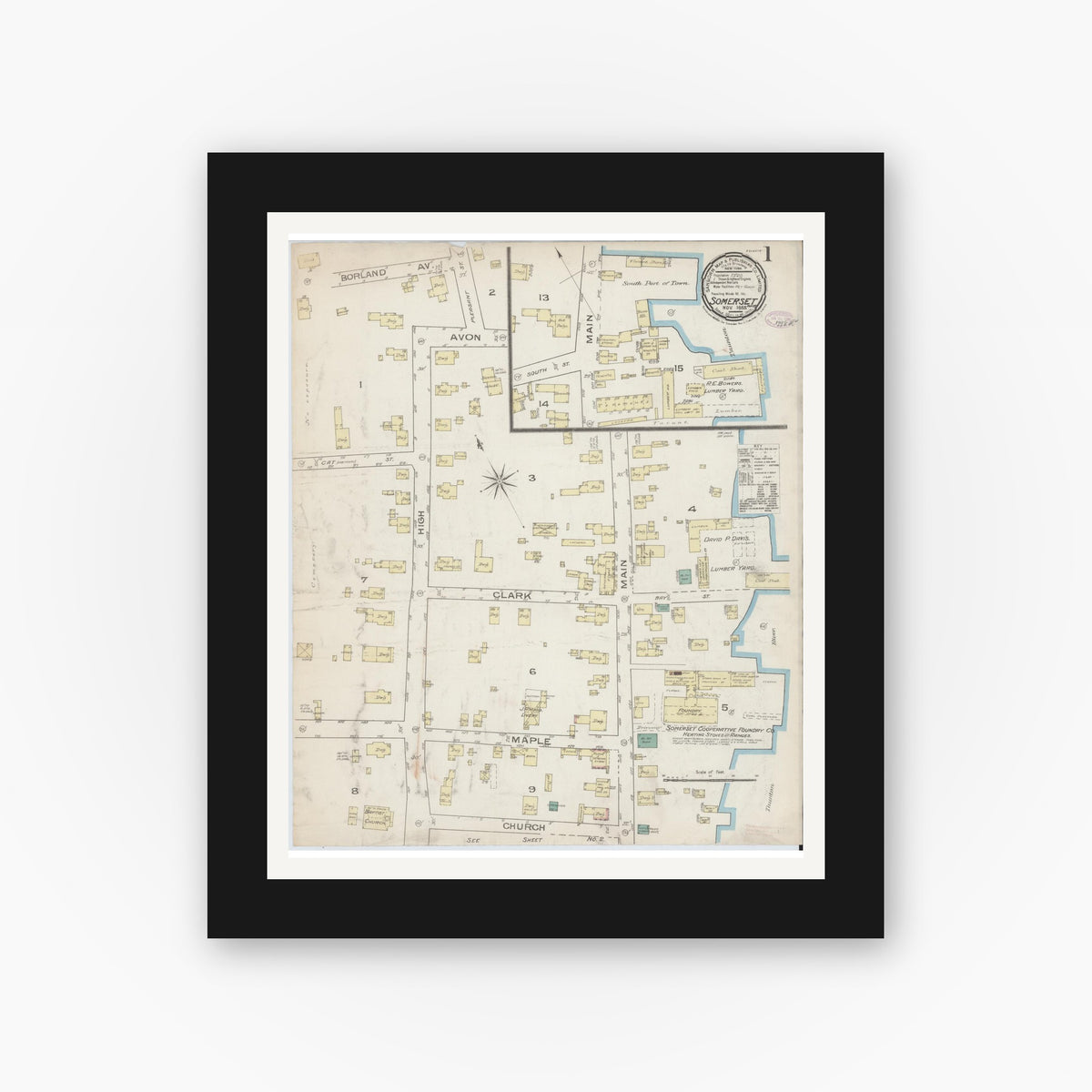 Old map wall art mockup — black gallery frame with white mat — Sanborn Fire Insurance Map from Somerset, Bristol County, Massachusetts (1885) - Complete Map Set
