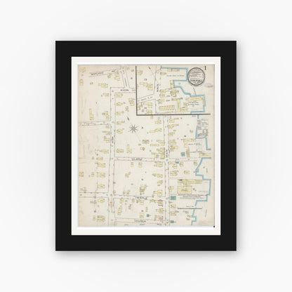Old map wall art mockup — black gallery frame with white mat — Sanborn Fire Insurance Map from Somerset, Bristol County, Massachusetts (1885) - Complete Map Set