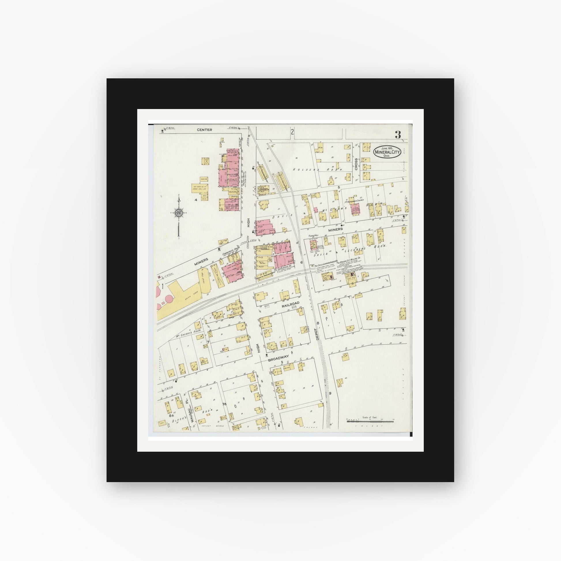Old map wall art mockup — black gallery frame with white mat — Sanborn Fire Insurance Map from Mineral City, Tuscarawas County, Ohio (1915), Sheet #0003