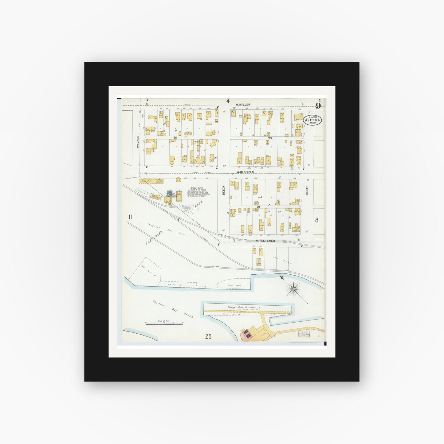 Old map wall art mockup — black gallery frame with white mat — Sanborn Fire Insurance Map from Alpena, Alpena County, Michigan (1901), Sheet #0009