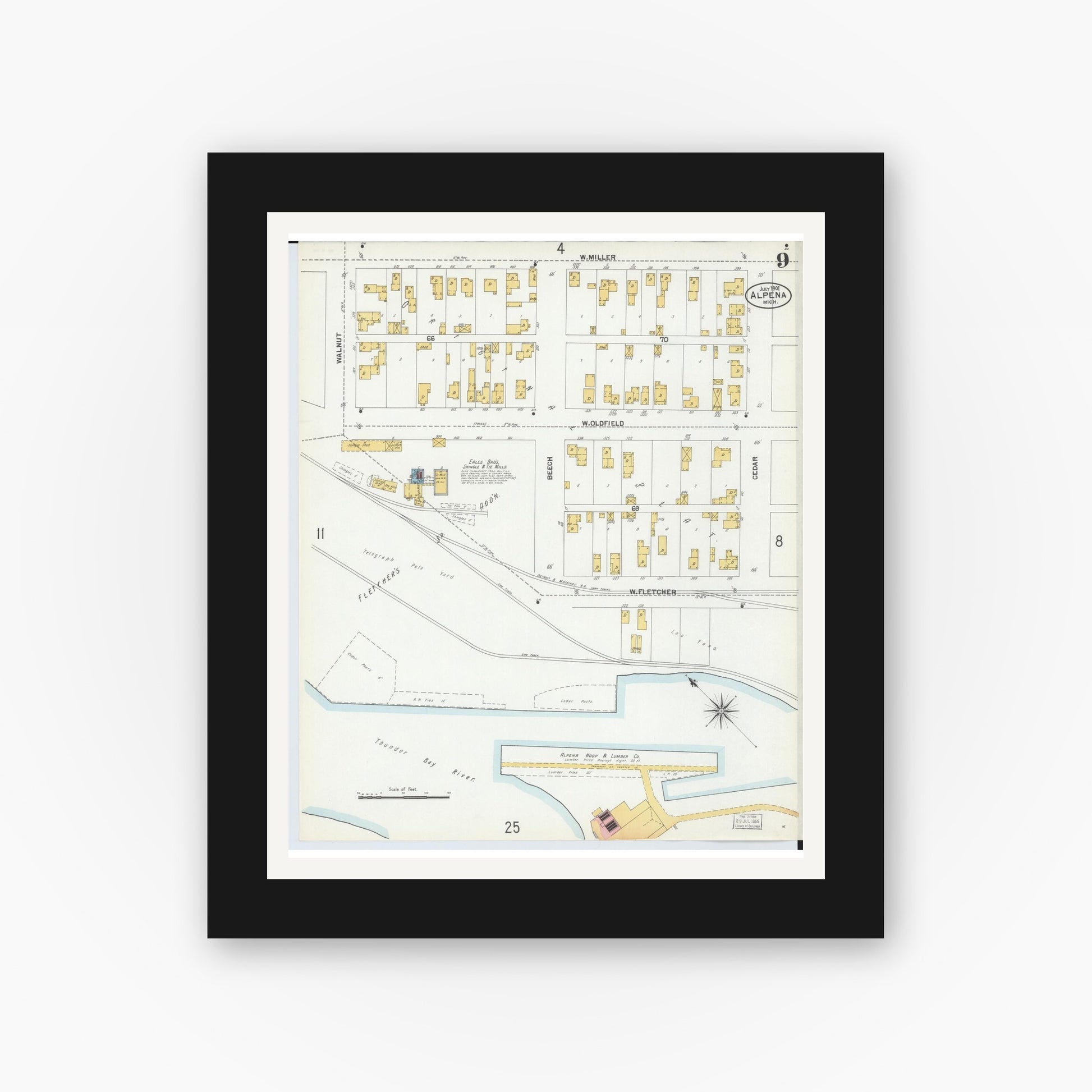 Old map wall art mockup — black gallery frame with white mat — Sanborn Fire Insurance Map from Alpena, Alpena County, Michigan (1901), Sheet #0009