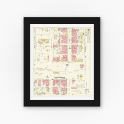Old map wall art mockup — black gallery frame with white mat — Sanborn Fire Insurance Map from Elgin, Bastrop County, Texas (1916), Sheet #0002