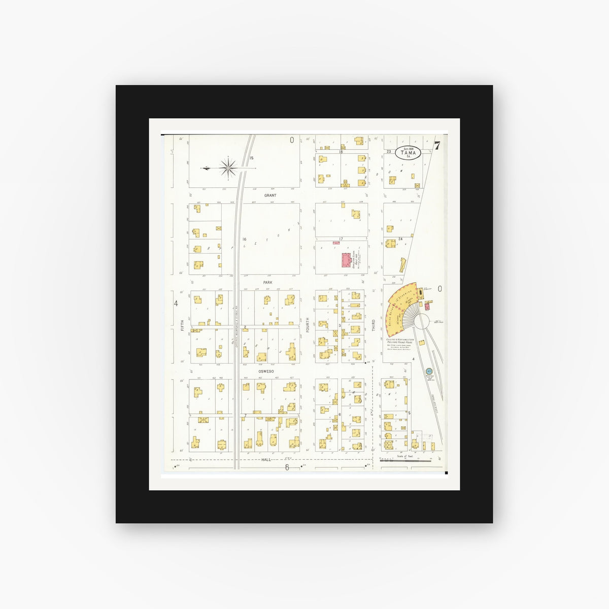 Old map wall art mockup — black gallery frame with white mat — Sanborn Fire Insurance Map from Tama, Tama County, Iowa (1906), Sheet #0007